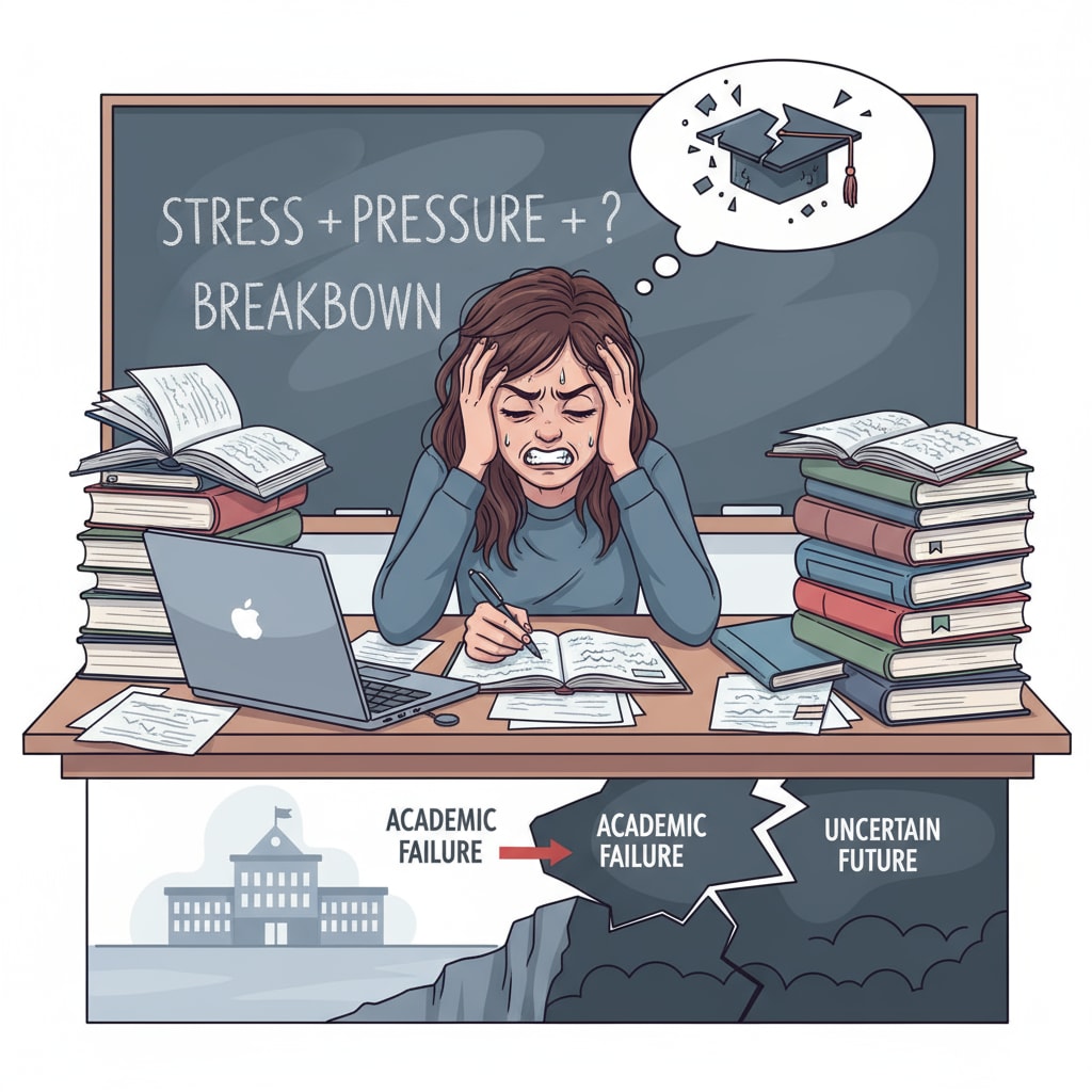 A student looking stressed while studying at a desk. It depicts the psychological stress students may experience during their academic journey, which can lead to failure and impact their future in university. Stressed student during study related to academic dismissal, student failure, and university impact