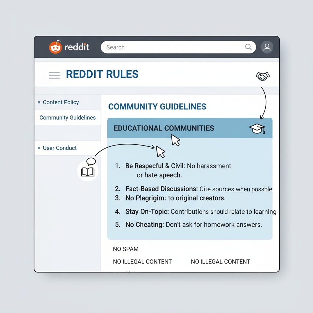 A web page showing Reddit's rules section with emphasis on educational community rules. Reddit educational community rules page