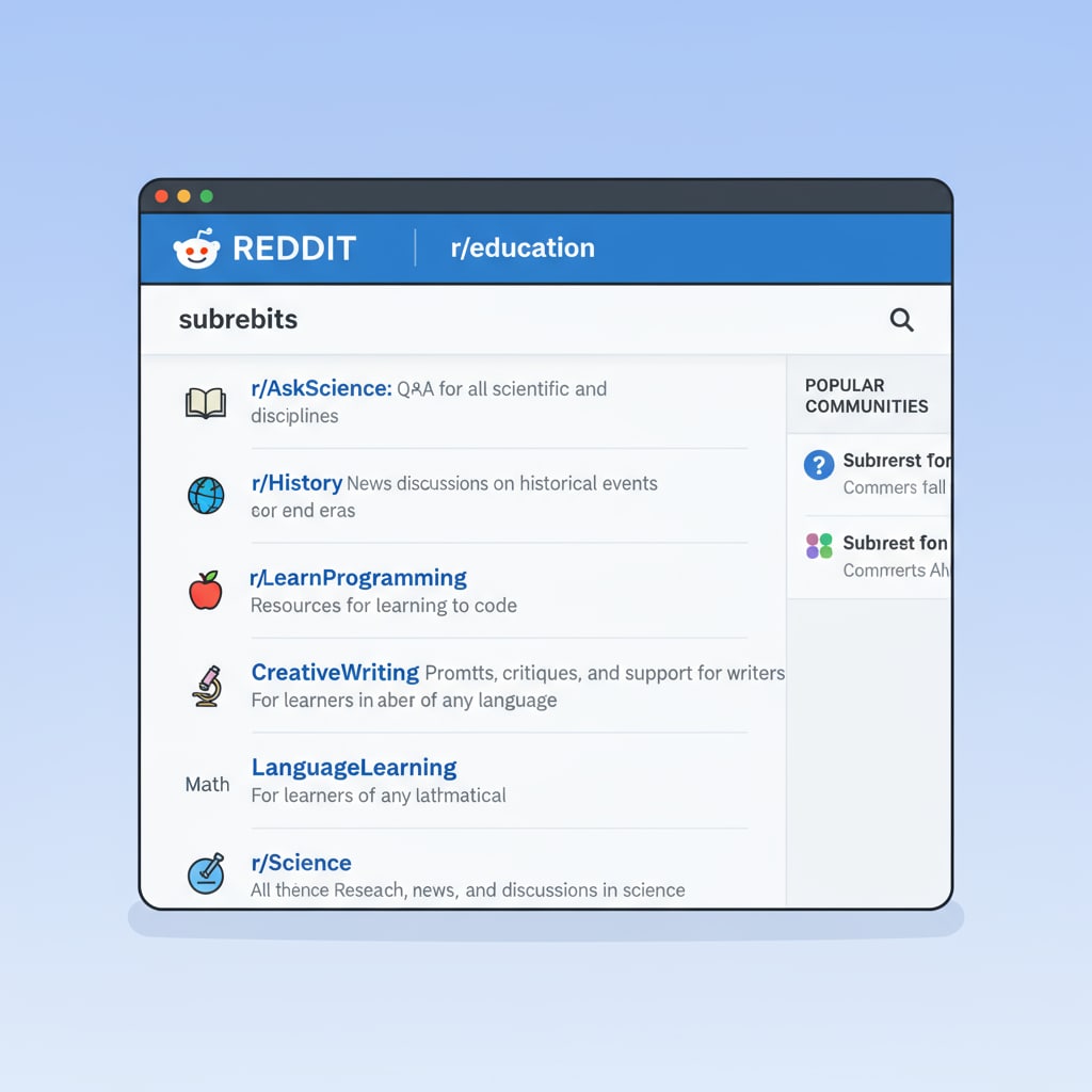 A screen capture of different educational subreddits listed on Reddit. Educational subreddits on Reddit