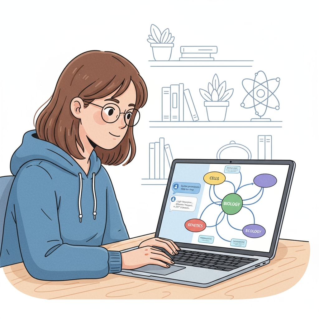A student is sitting in front of a laptop. The laptop screen shows various interfaces of AI learning tools such as ChatGPT's chat window and a mind map software with colorful nodes and lines representing different concepts from study materials. A student using AI learning tools and mind maps for exam preparation