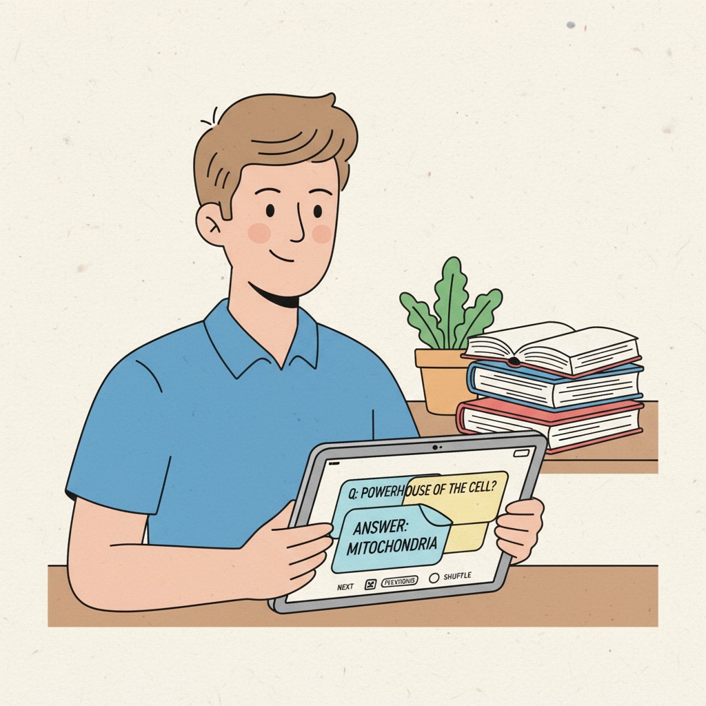 A person is holding a tablet. On the tablet screen, digital flashcards are being flipped through. The flashcards have text-based questions and answers related to study subjects. A person reviewing digital flashcards created with AI for learning