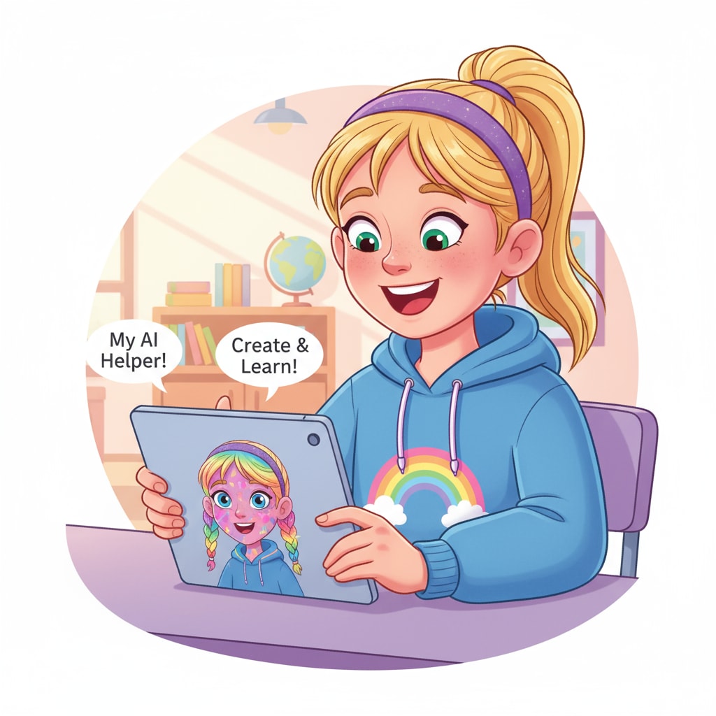 A 9-year-old girl is smiling brightly while looking intently at a screen that displays an AI-generated avatar of herself. The avatar has colorful features and resembles the girl's style. A 9-year-old girl engaged in creating an AI avatar, highlighting the intersection of AI avatars, child safety, and technological exploration