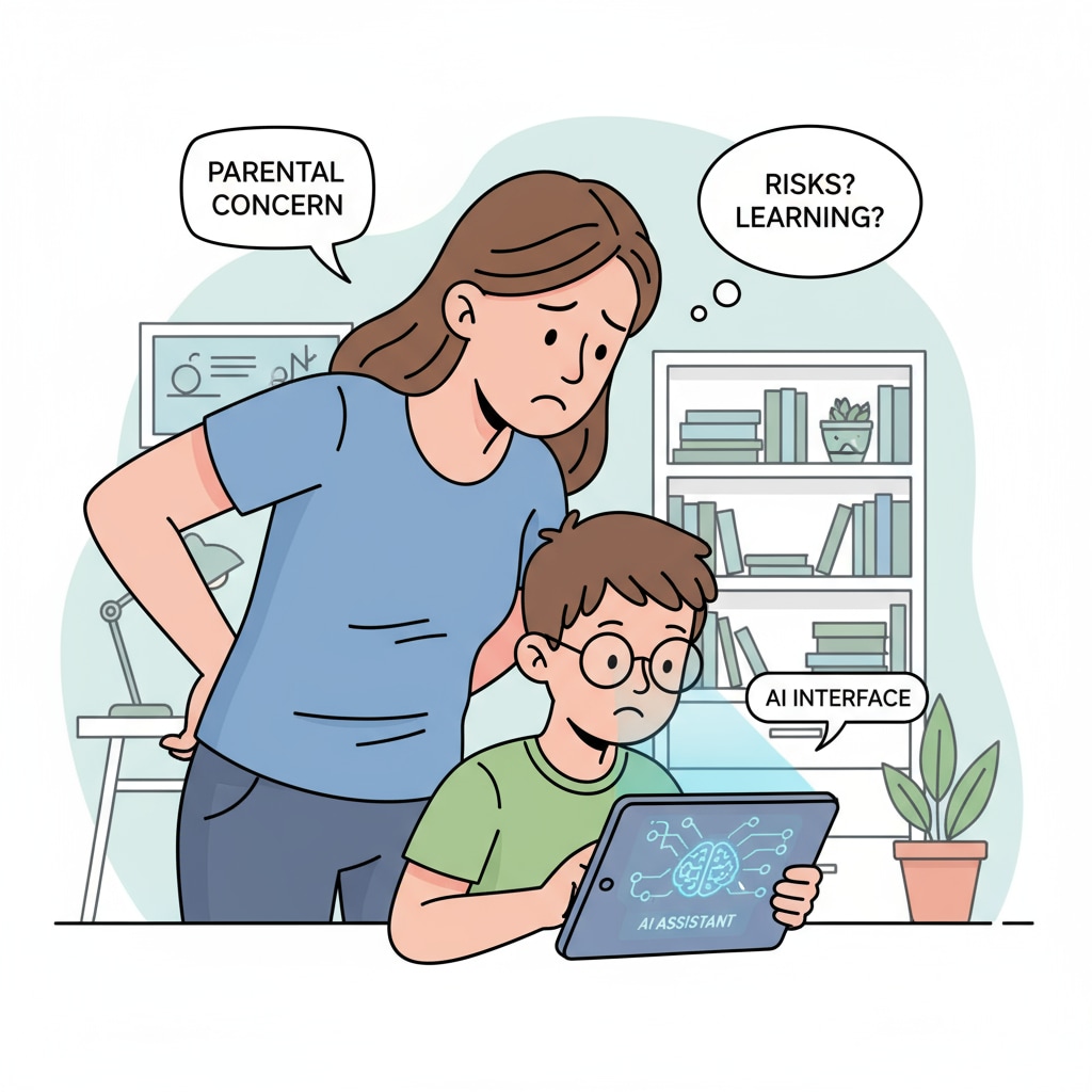 A parent is shown with a worried expression, looking over a child who is using a mobile device with an AI app open. The parent's body language indicates concern. A worried parent monitoring a child's use of an AI app, emphasizing the importance of child safety in the context of AI and technological exploration