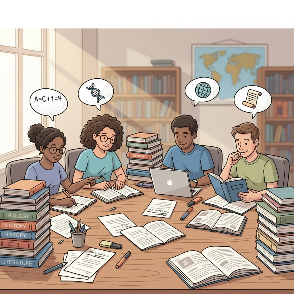 A group of students are surrounded by textbooks and papers, showing their intense focus on academic studies. Students focusing on academic performance for future employment