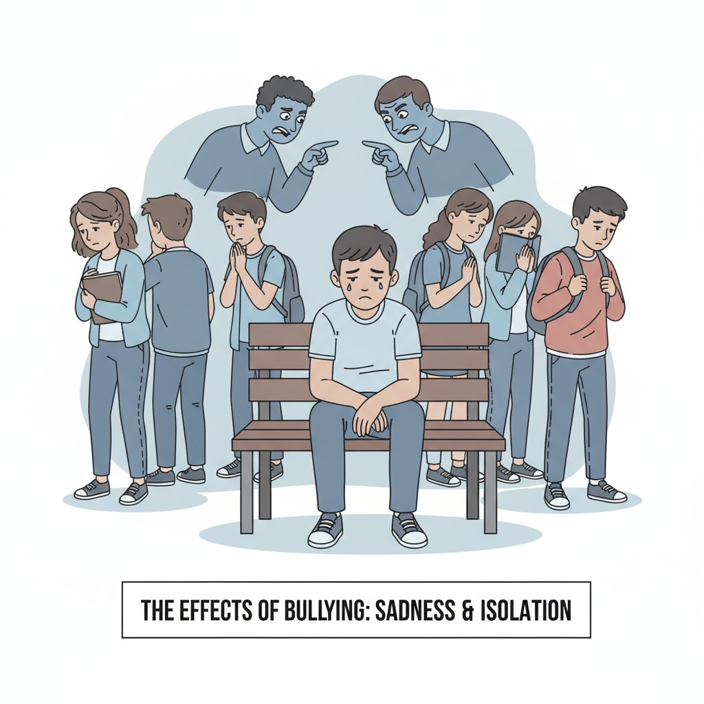 A group of students looking sad and isolated due to bullying Students affected by school bullying, showing signs of isolation and sadness related to school relationships and hostility