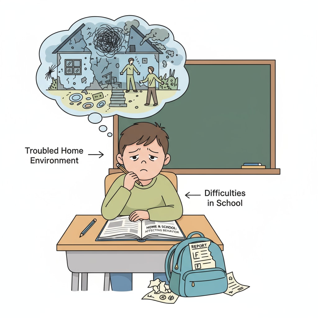 A child looking troubled, symbolizing the impact of home environment on school behavior Troubled child due to home environment, indicating the connection between home and school behavior in relation to hostility and relationships