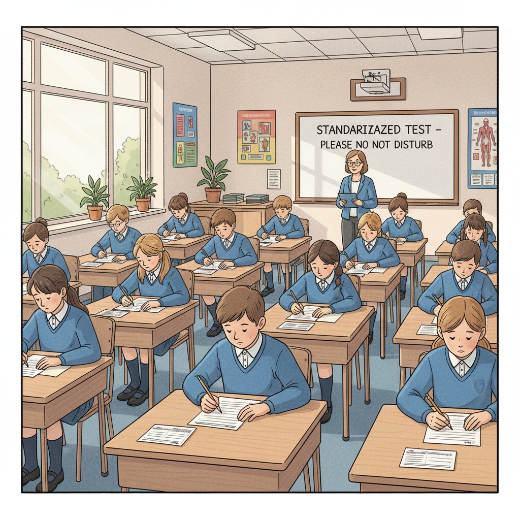 A classroom scene where students are taking a standardized test, with desks neatly arranged and students concentrating on their papers. Students engaged in a standardized test for education assessment and ability measurement, related to teaching strategies.