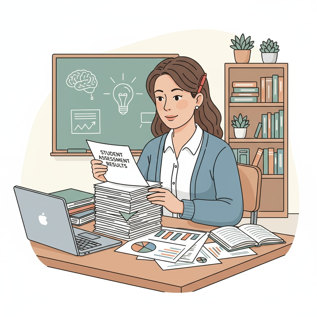A teacher sitting at a desk, carefully analyzing a stack of student assessment results, with a thoughtful expression. Teacher analyzing student assessment results to understand ability and inform teaching strategies in education assessment.