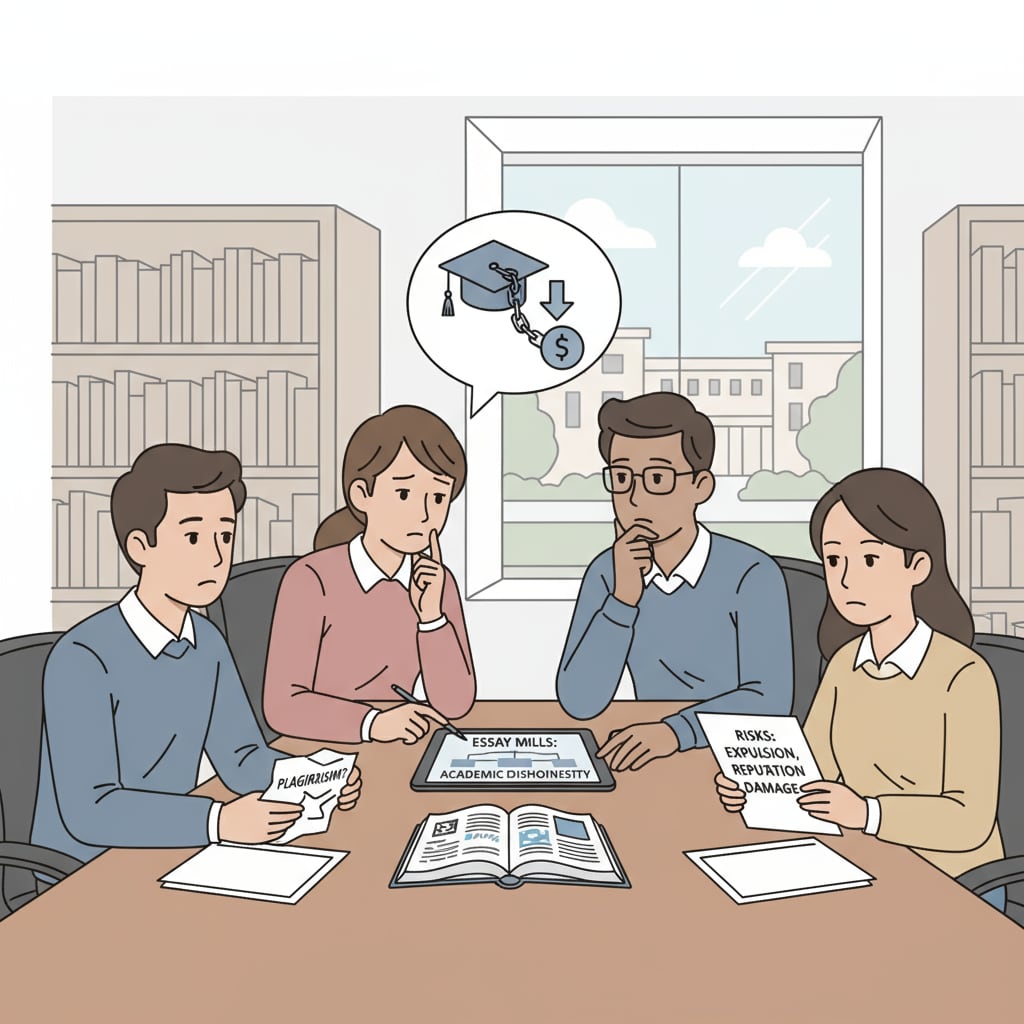 A group of students are engaged in a discussion about academic integrity and the potential risks of using essay writing services. They are sitting around a table, looking concerned and thoughtful. Students discussing the credibility of Lawessaypros and the legitimacy of essay writing services