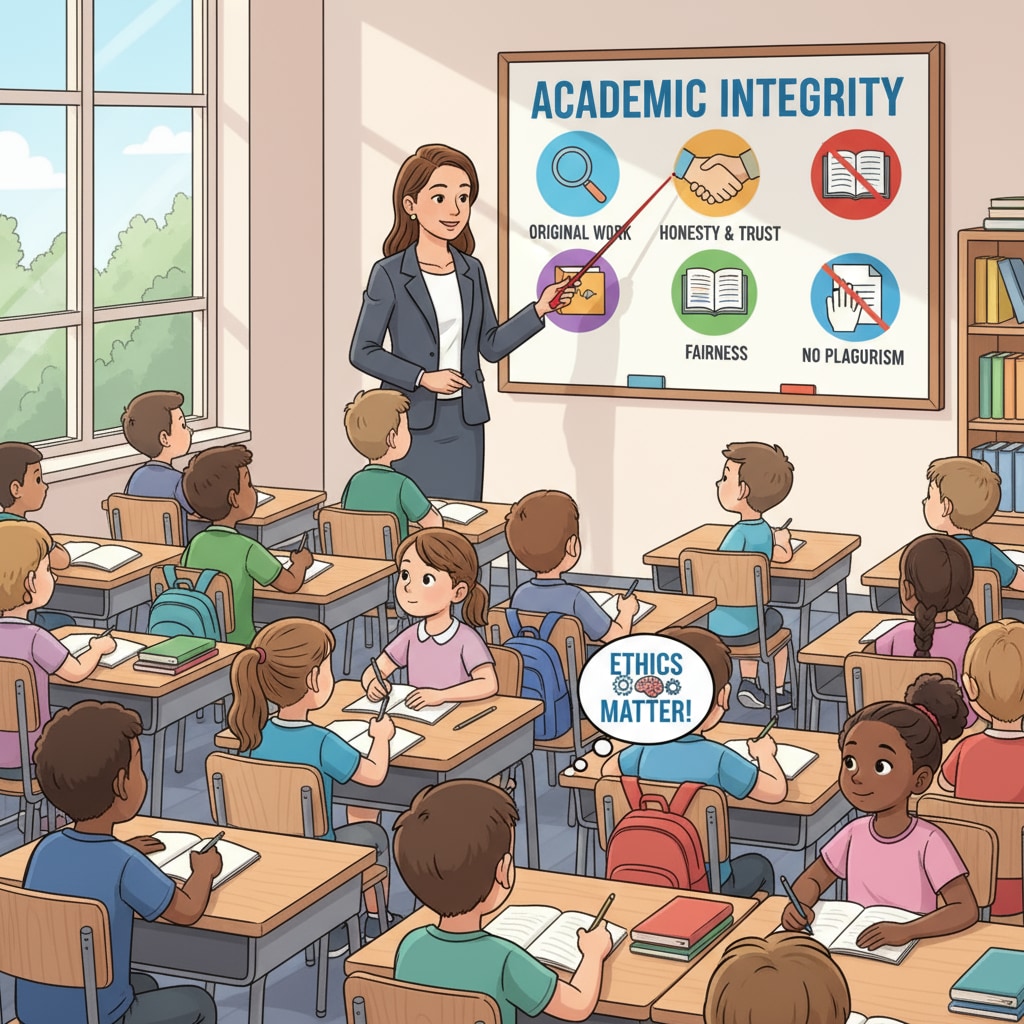 In a classroom setting, a teacher is standing in front of the class, pointing to a poster about academic integrity. The students are listening attentively, showing that they understand the significance of upholding ethical standards in academics. Classroom scene emphasizing the importance of academic integrity related to Lawessaypros and essay writing services