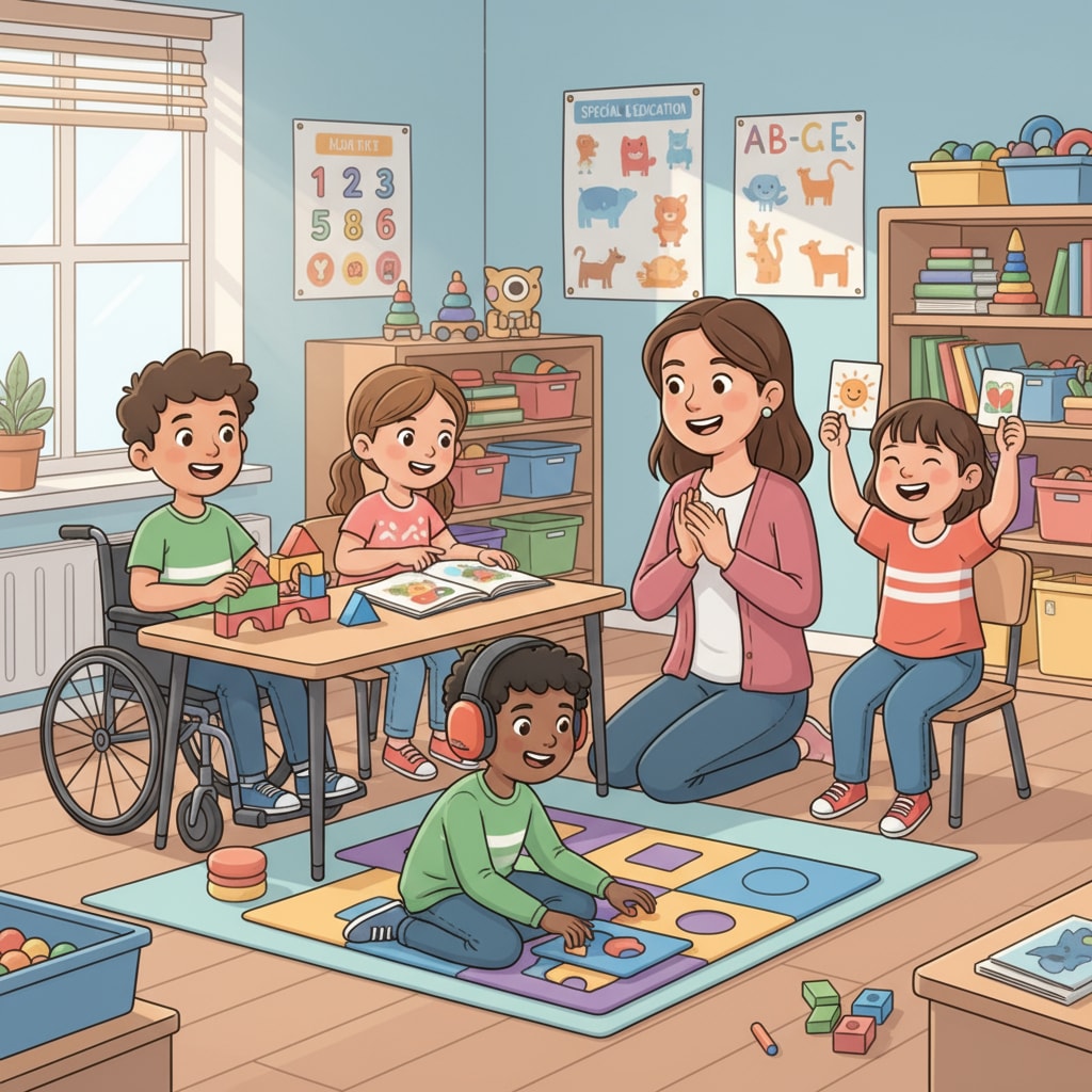 A group of special education students are actively participating in a class activity, showing enthusiasm and engagement. Special education students participating in an activity with autonomous decision-making and equal treatment in mind