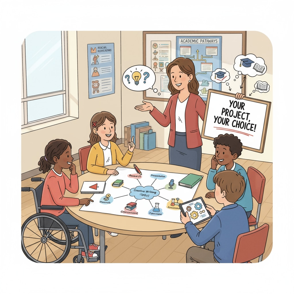 Special education students are engaged in a discussion, making choices about their academic projects, highlighting the importance of academic choices. Special education students making academic choices with respect for their autonomy and equal treatment