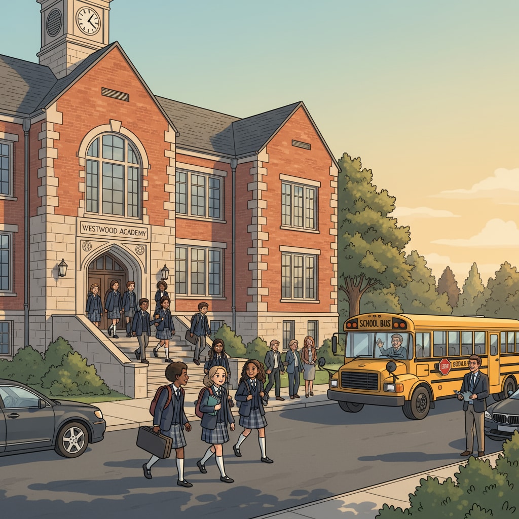 A group of students walking out of a private school building, with a school bus waiting nearby, showing the daily commute situation for students in a private school. Students commuting to a private school, highlighting the relationship between private school, commute time, and school choice.