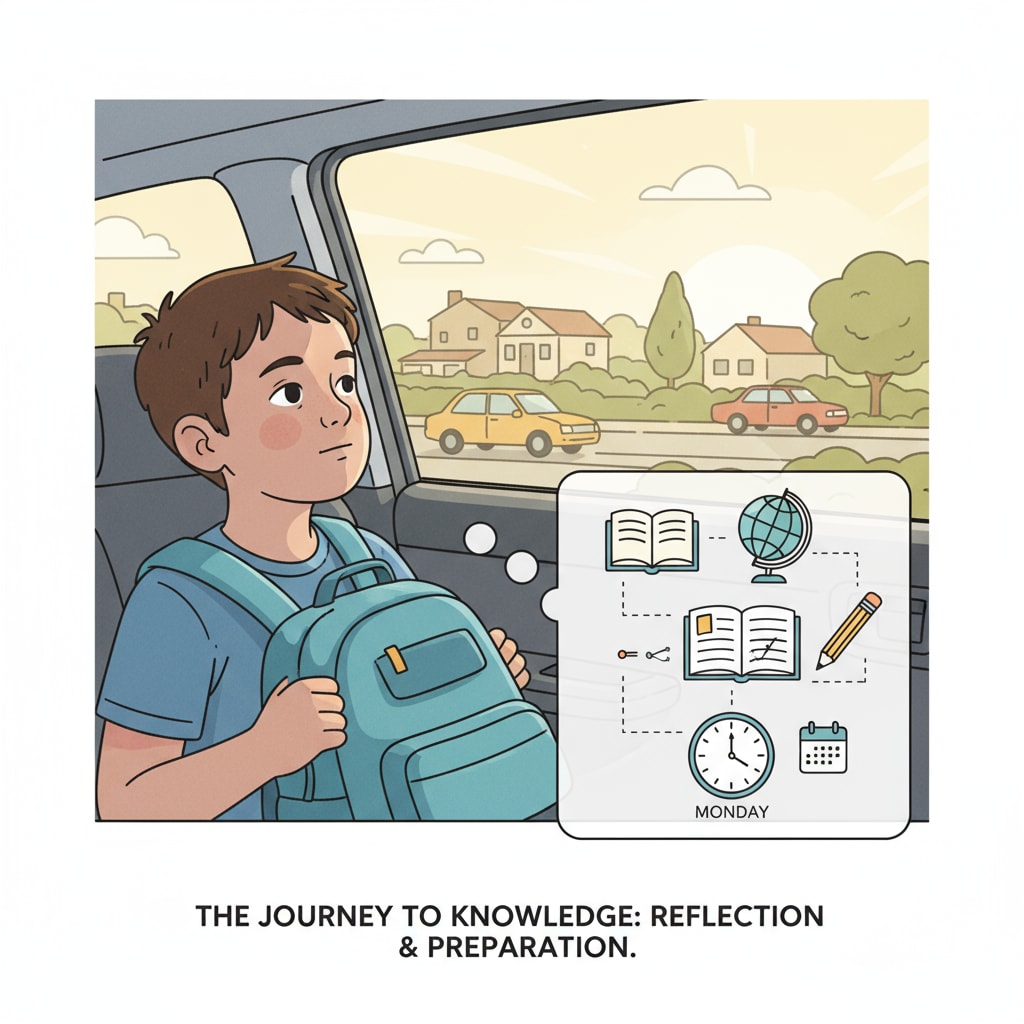 A child sitting in a car, looking out of the window during a commute to school, emphasizing the time spent on the way to school and its impact on the student. A child's commute to a private school, related to the considerations of private school selection and commute time.