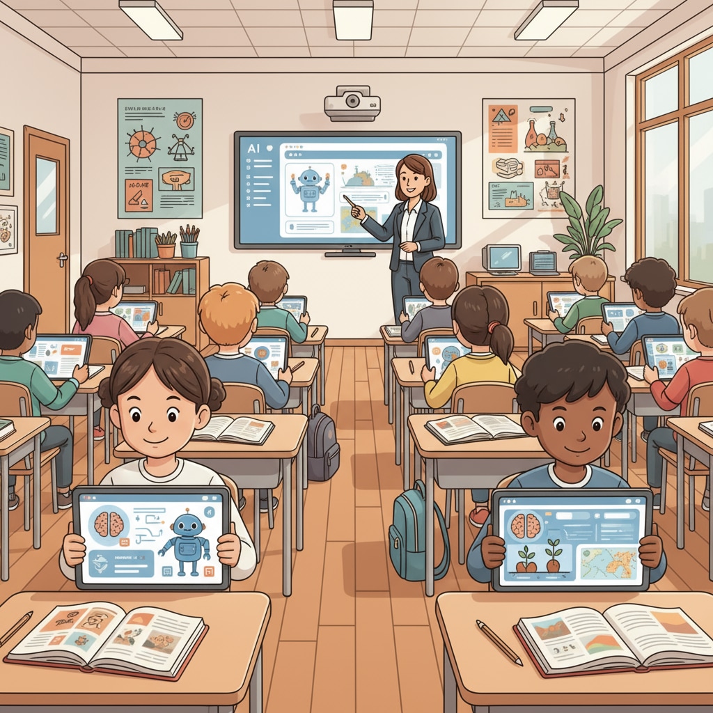 A classroom scene where students are using tablets with AI educational applications. Students using AI educational tools in a classroom for enhanced learning skills and digital privacy awareness.