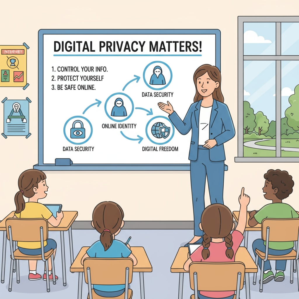 A teacher standing in front of a whiteboard, explaining the importance of digital privacy to a group of students. A teacher educating students about digital privacy in the context of artificial intelligence education.