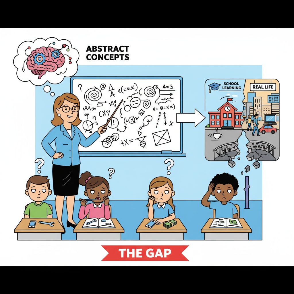 A classroom scene showing students looking confused as the teacher lectures on abstract concepts, highlighting the disconnect between school learning and real life. Classroom scene depicting the gap between school education and practicality in K12.