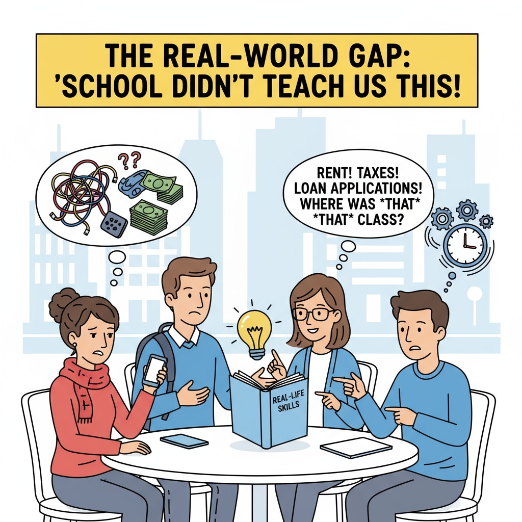 A group of students engaged in a discussion about real-life problems they face and expressing how school education did not adequately prepare them. Students discussing the lack of practicality in school education and its relation to academic assessment.