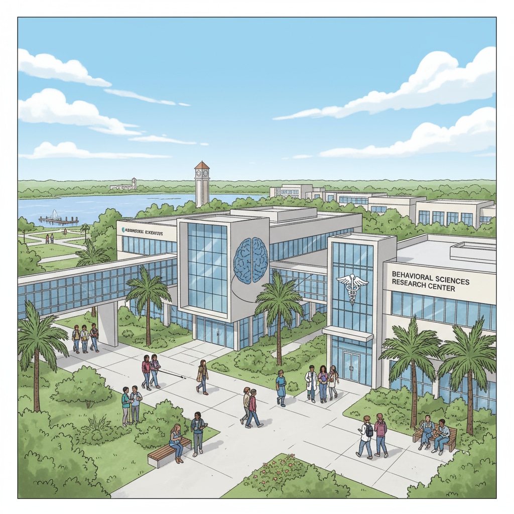 A campus scene of a Florida university known for its psychiatry program, showing students walking on campus and modern buildings. Campus of a Florida university for psychiatry doctoral degrees