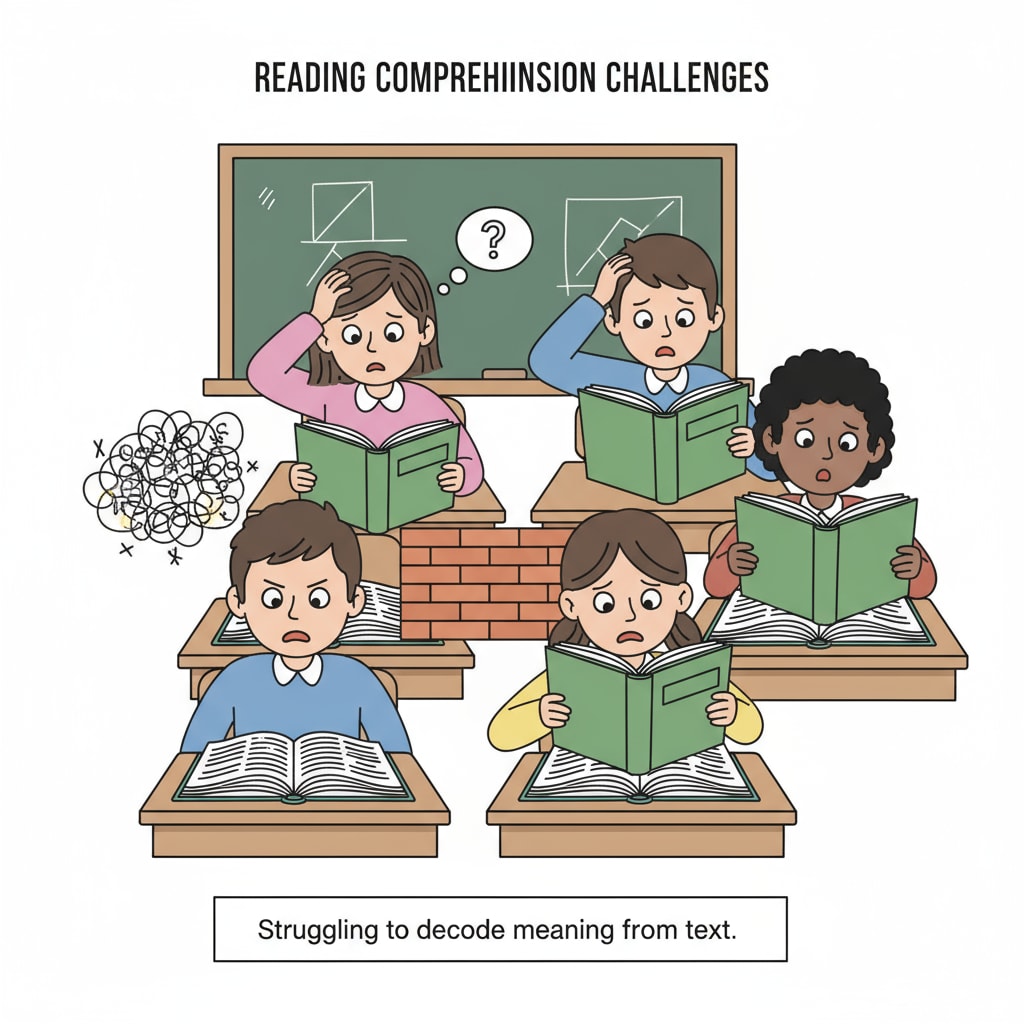 A group of students sitting at desks, looking confused while trying to read textbooks. This represents the struggle of students with low reading comprehension skills. Students with low reading comprehension skills in a classroom, related to the functional illiteracy and education crisis in the US