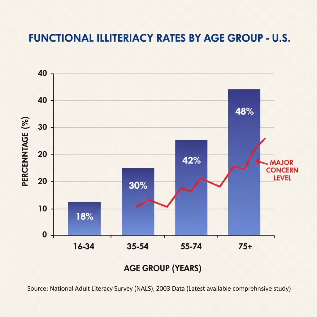 A bar graph presenting the percentage of functionally illiterate people in different age brackets in the United States, highlighting the scope of the problem. Graph showing the percentage of functionally illiterate people in different age groups in the US, related to the functional illiteracy and education crisis