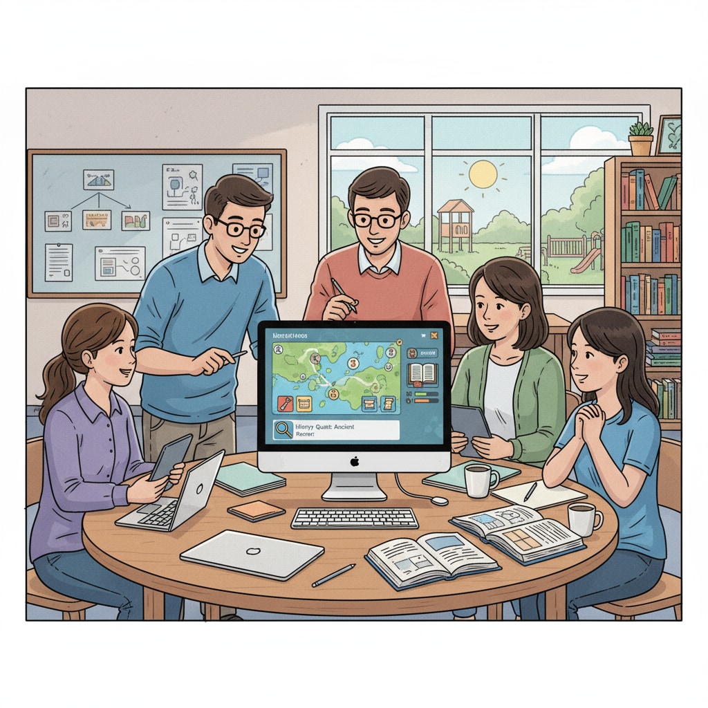 A group of teachers sitting around a table, looking at a computer screen with a video game interface, discussing game concepts Teachers discussing video game concepts during a workshop