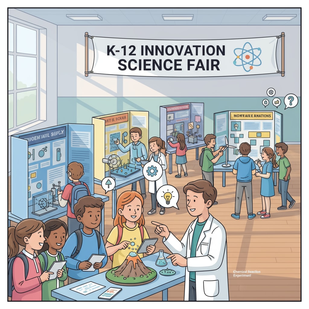 Students are actively participating in a science fair event organized in a K12 school, with exhibits and discussions. Students participating in a well - planned K12 educational event related to event planning, professional certification, communication vs. business
