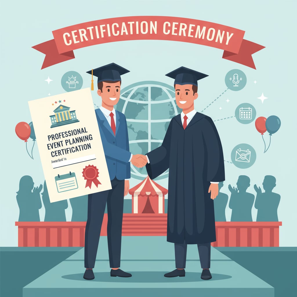 A person is receiving a professional event planning certification diploma, looking proud and confident. A person receiving a professional event planning certification related to event planning, professional certification, communication vs. business