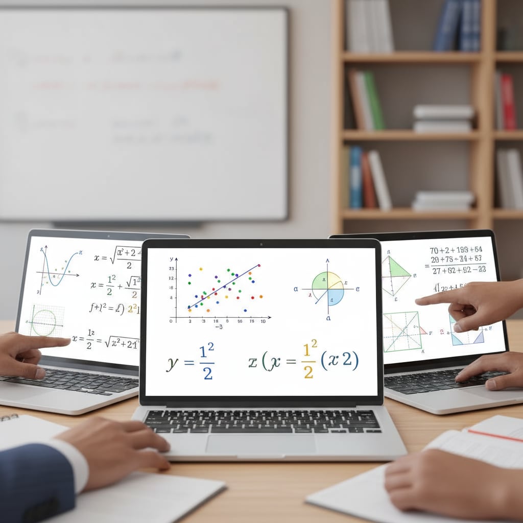 A group of students are attending an online math class. Their laptops display various math equations and graphs, indicating an engaging learning environment focused on mathematics. Students engaged in an online math class related to mathematics degrees, distance education, and online courses
