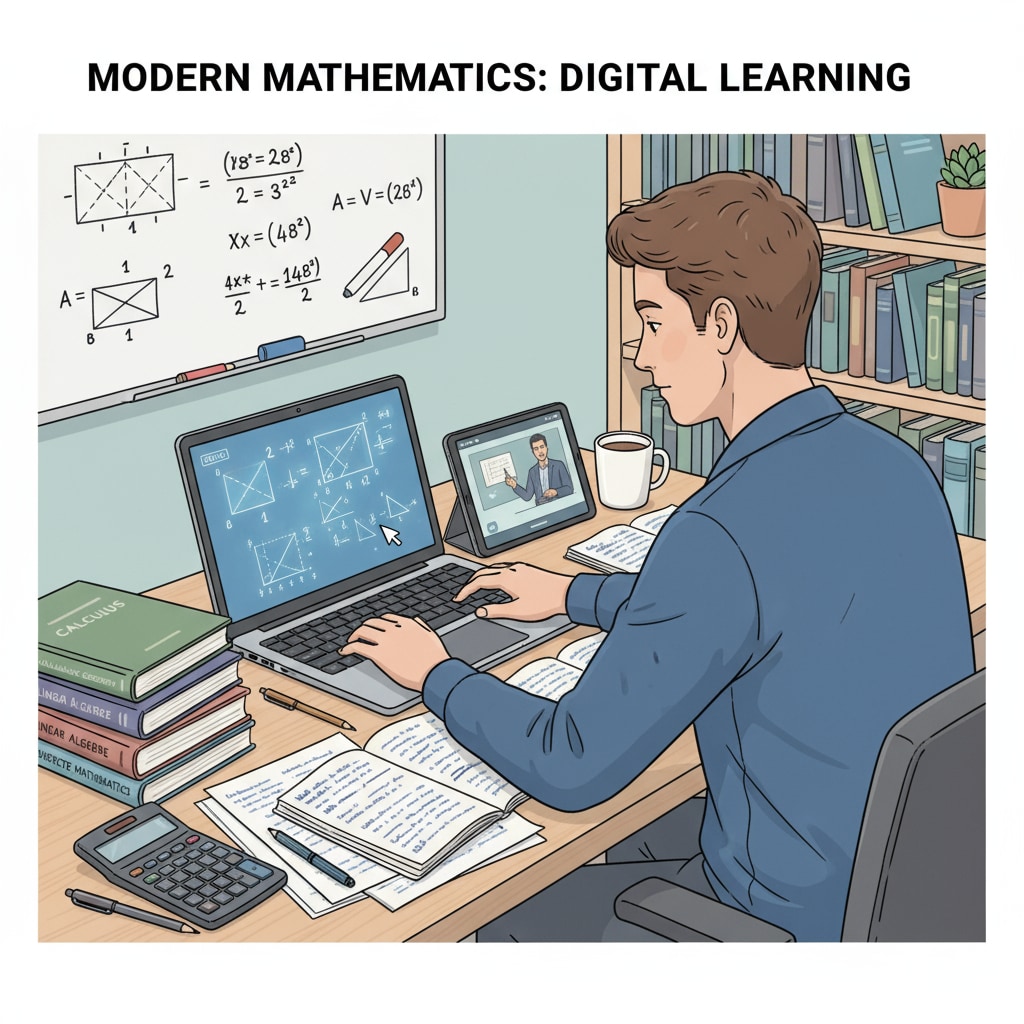 A student is studying math on a laptop. There are various math books and notes beside, showing the dedication to learning mathematics through online means. A student studying math via online courses as part of distance education for mathematics degrees