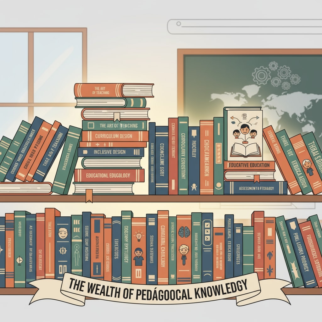 A bookshelf filled with various educational textbooks, representing the wealth of knowledge available in the field of pedagogy. A bookshelf of educational textbooks, relevant to pedagogical textbooks, introductory materials, and classic references.
