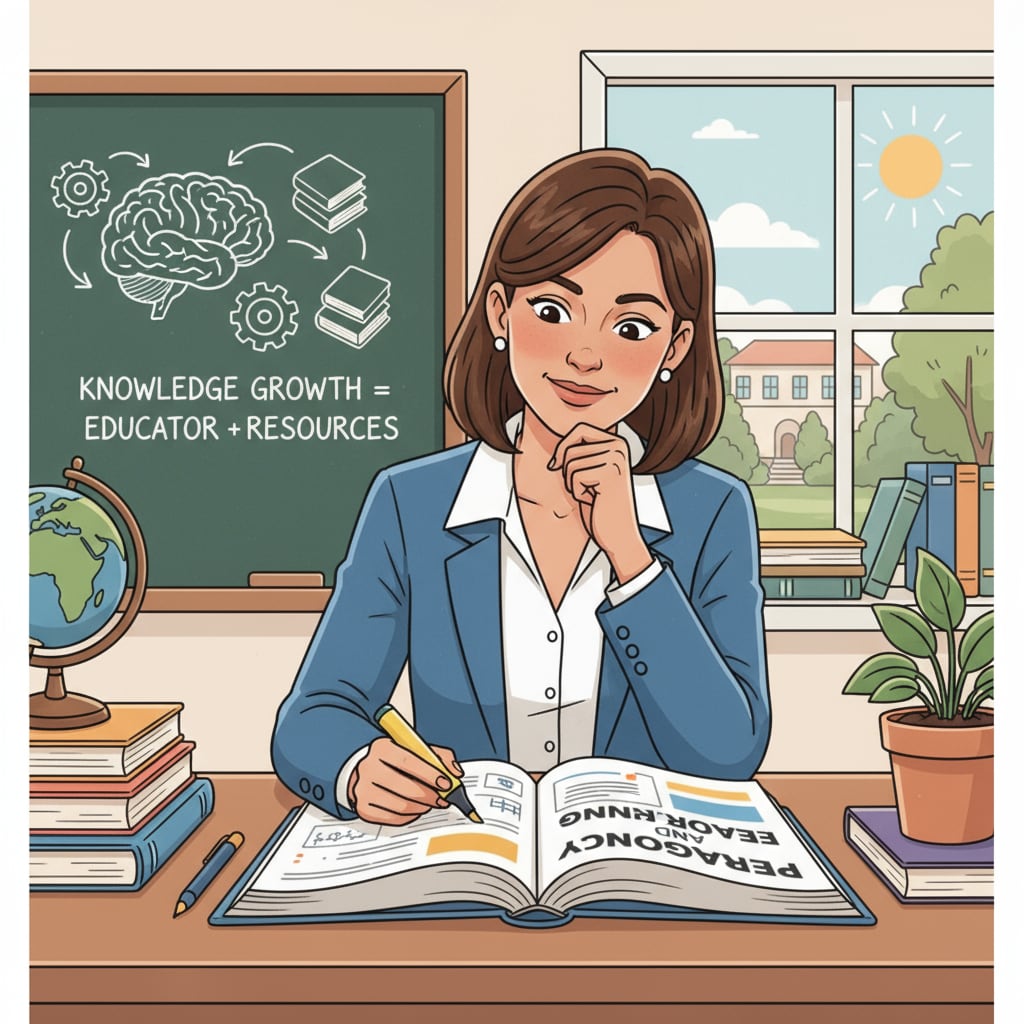 A teacher sitting at a desk, reading an educational textbook, symbolizing the process of educators acquiring knowledge from these resources. A teacher reading an educational textbook, related to pedagogical textbooks, introductory materials, and classic references.