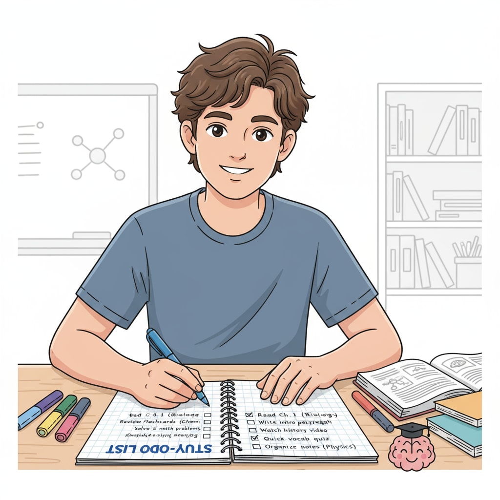 A student making a to-do list with small, achievable tasks for studying Student using small steps to plan study tasks for better learning motivation