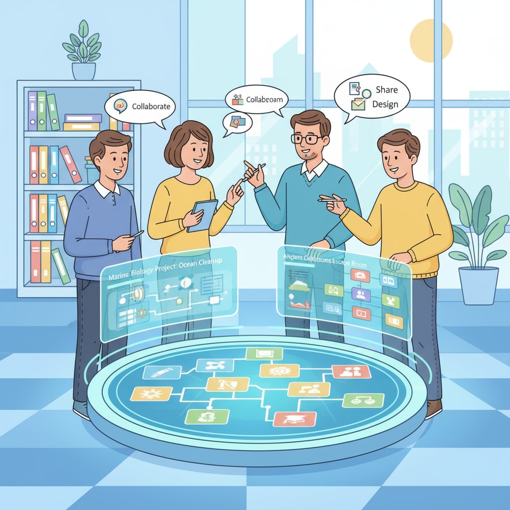 A group of teachers are using a digital platform to discuss and design project - based learning activities. They are looking at digital screens, sharing ideas, and collaborating. Teachers collaborating on a digital platform for project - based learning resource sharing and activity design