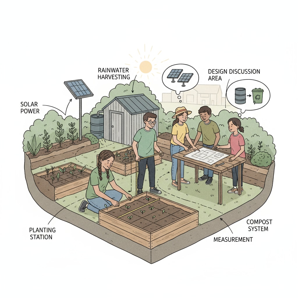 Students are actively involved in a hands - on project to design a sustainable community garden. They are planting seeds, measuring, and discussing ideas together. Students working on a project - based learning activity related to a sustainable community garden