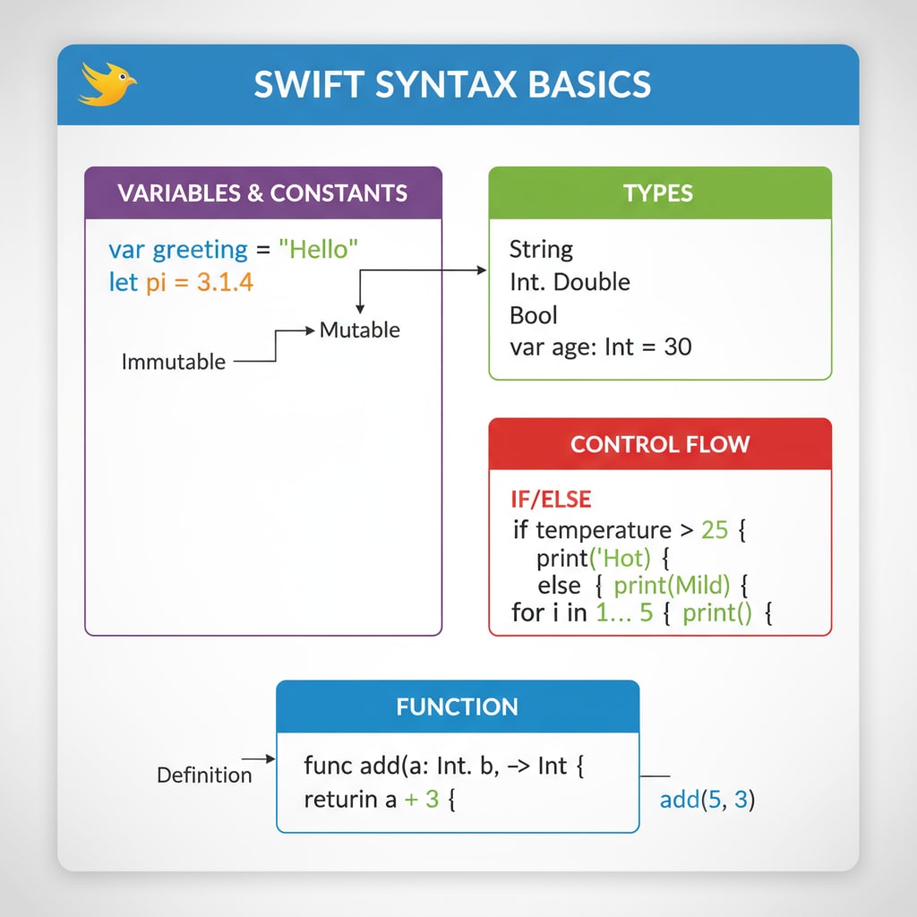 An illustration showing the basic syntax elements of the Swift programming language. Illustration of Swift programming language syntax for students preparing for Swift Student Challenge and aiming for software development career