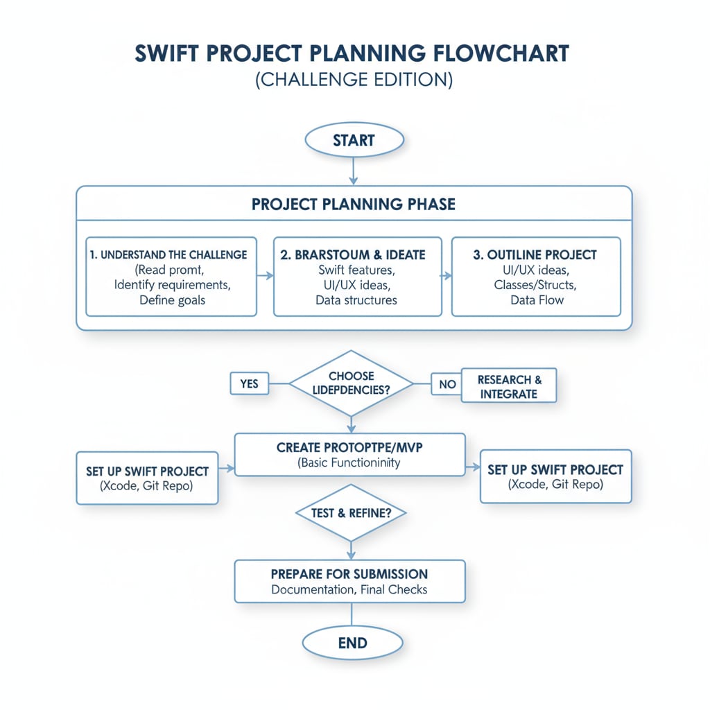 A flowchart demonstrating the key steps involved in planning a Swift project for the challenge. Flowchart of project planning process for Swift Student Challenge relevant to software development and career growth
