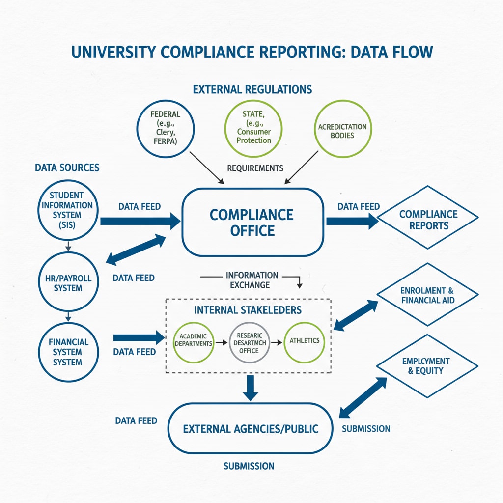A flowchart depicting the complex web of data sources and requirements in university compliance reporting. A visual representation of the complex compliance reporting process in universities