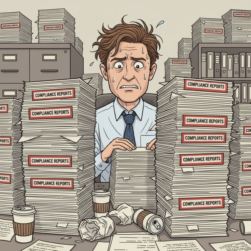 A cartoon showing an office worker surrounded by stacks of papers labeled 'compliance reports' looking stressed. An illustration showing staff overwhelmed with piles of compliance reports