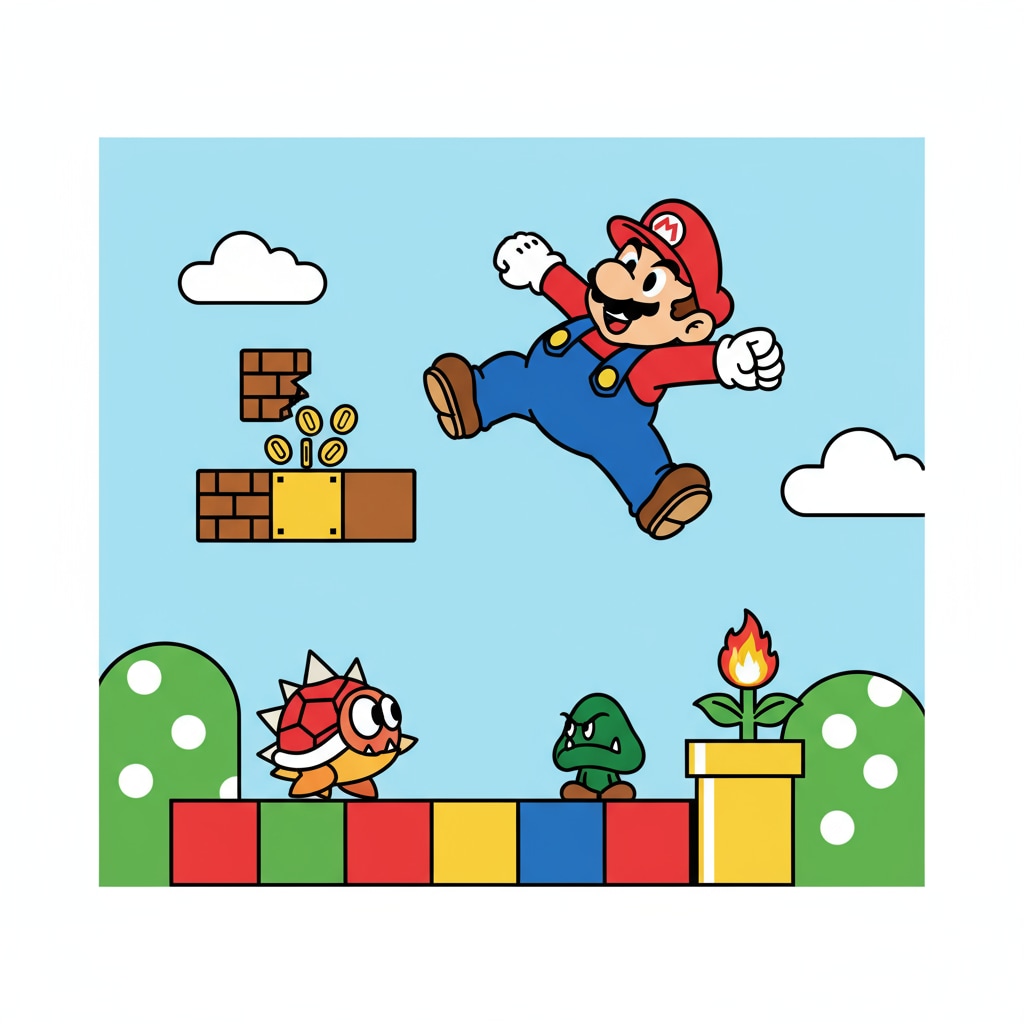 A scene from a Mario game where Mario is leaping over obstacles on a colorful platform. Mario in action on a platform, showcasing the gameplay differences compared to Prodigy.