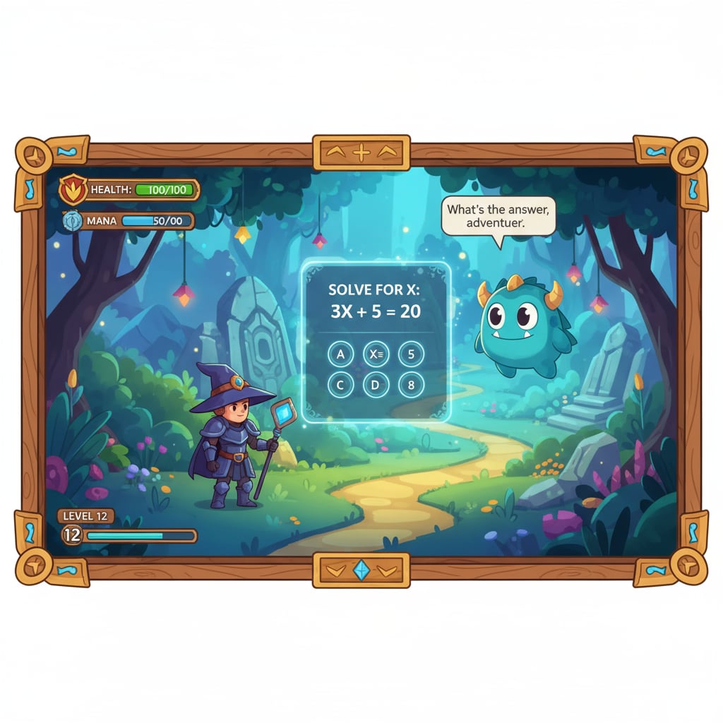 A view of Prodigy's game screen with a character facing a math problem in a fantasy setting. Prodigy gameplay with educational content, highlighting the differences from Mario.