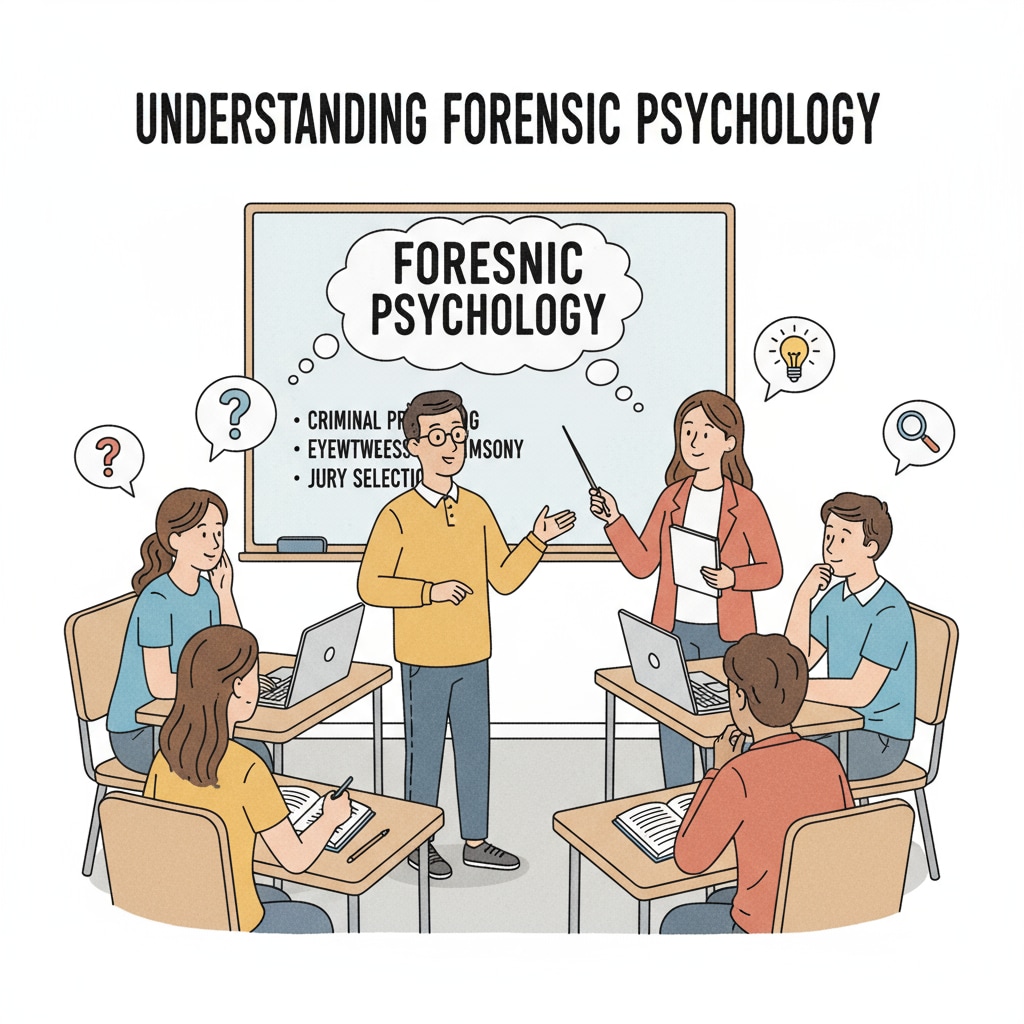 A classroom scene where students are engaged in a discussion about forensic psychology topics. Students discussing forensic psychology in a classroom related to career planning and college majors