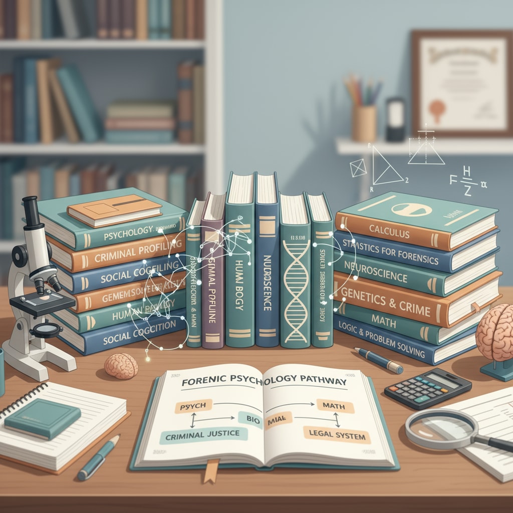 A study desk with books on psychology, biology, and math, symbolizing the core subjects for forensic psychology preparation. Core subject books for forensic psychology college major and career planning