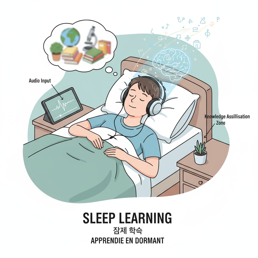 A student is shown sleeping with headphones on, indicating the concept of sleep learning. A student engaged in sleep learning