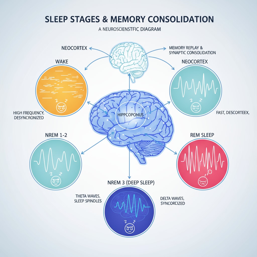 A scientific diagram depicting the brain's activity during different sleep stages and how it relates to memory consolidation. Brain activity during sleep for memory consolidation