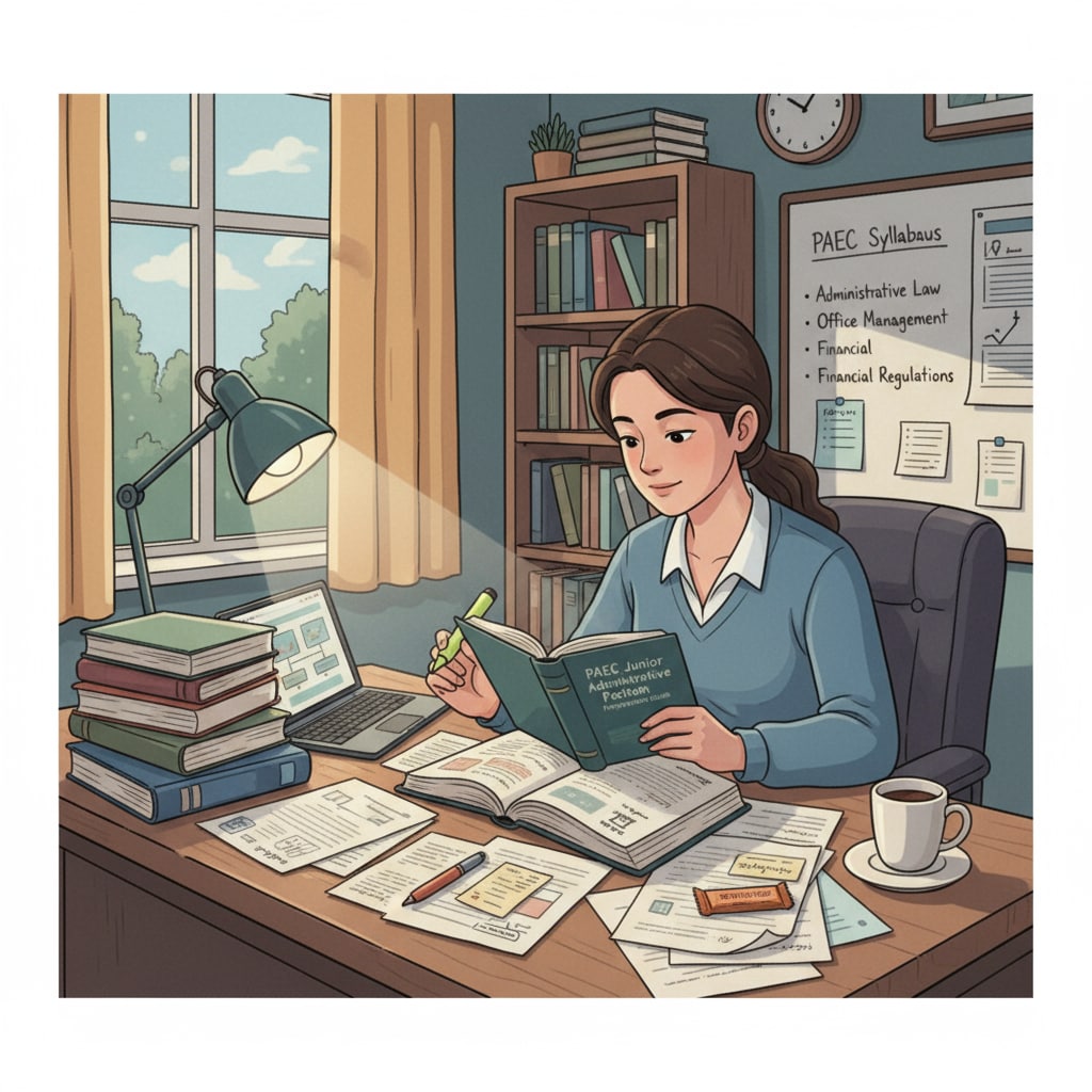 An illustration depicting a candidate sitting at a desk, surrounded by books and papers, studying intently for the PAEC junior administrative position exam. A candidate studying for the PAEC junior administrative position exam