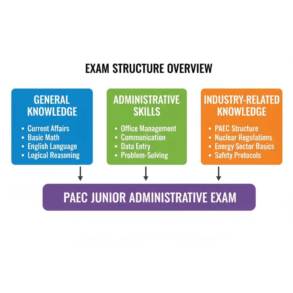 A diagram with different colored boxes representing the various sections of the PAEC junior administrative exam, such as general knowledge, administrative skills, and industry - related knowledge. Diagram showing sections of the PAEC junior administrative exam
