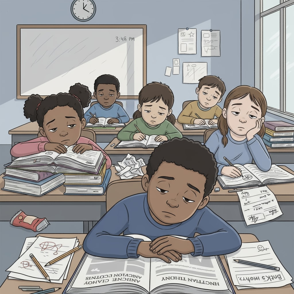 A group of K12 students looking tired and unmotivated in a classroom, with books and papers scattered on their desks, showing signs of academic burnout. K12 students experiencing academic burnout and motivation loss in a classroom