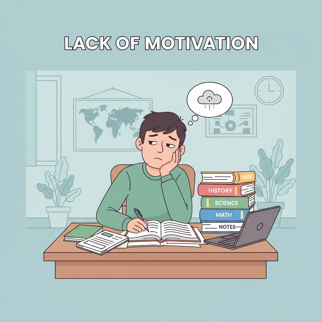 A student sitting at a desk, with a bored expression, looking away from the books, indicating a lack of motivation in studying. A K12 student showing signs of motivation loss while studying