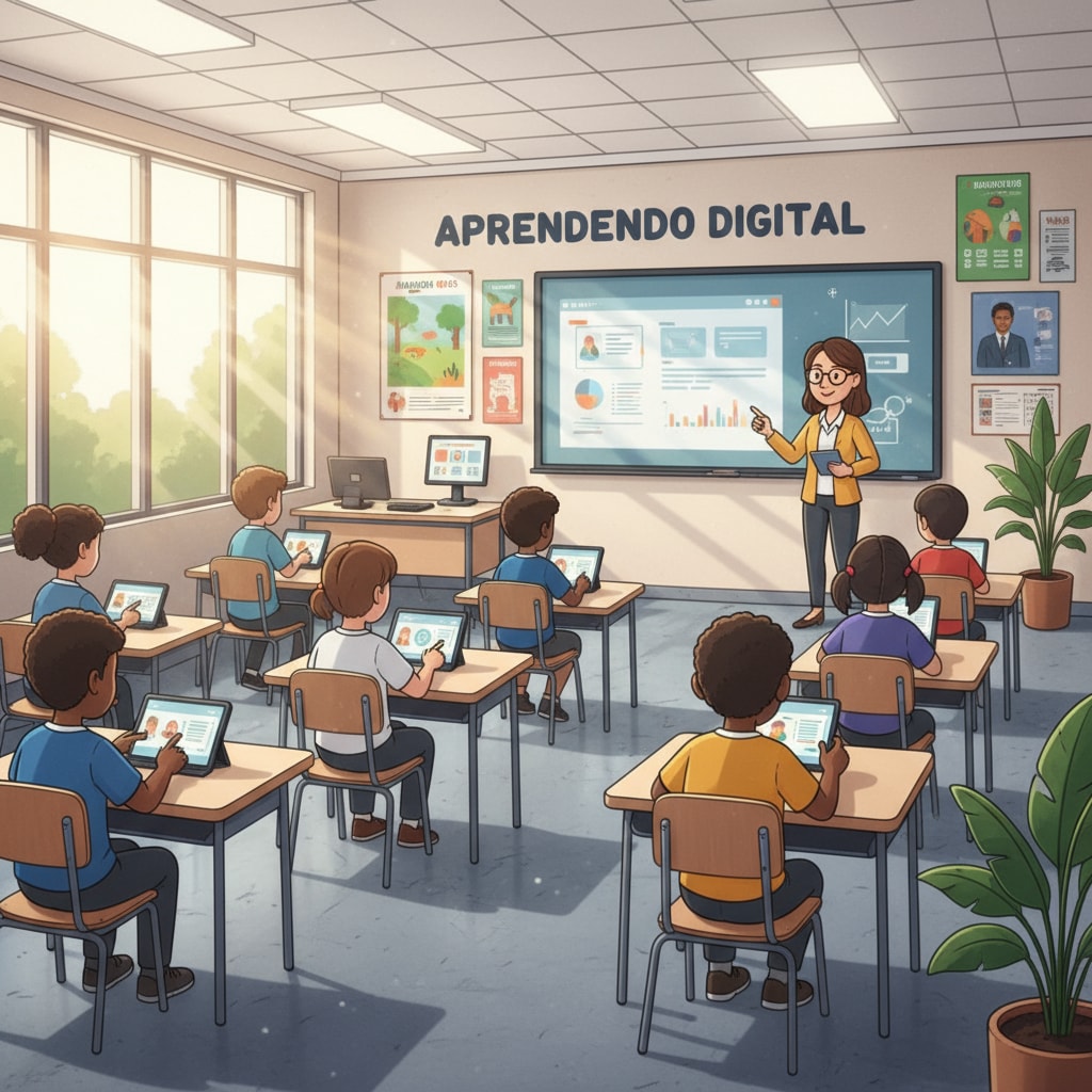 A classroom in Brazil with students using digital devices for educational technology